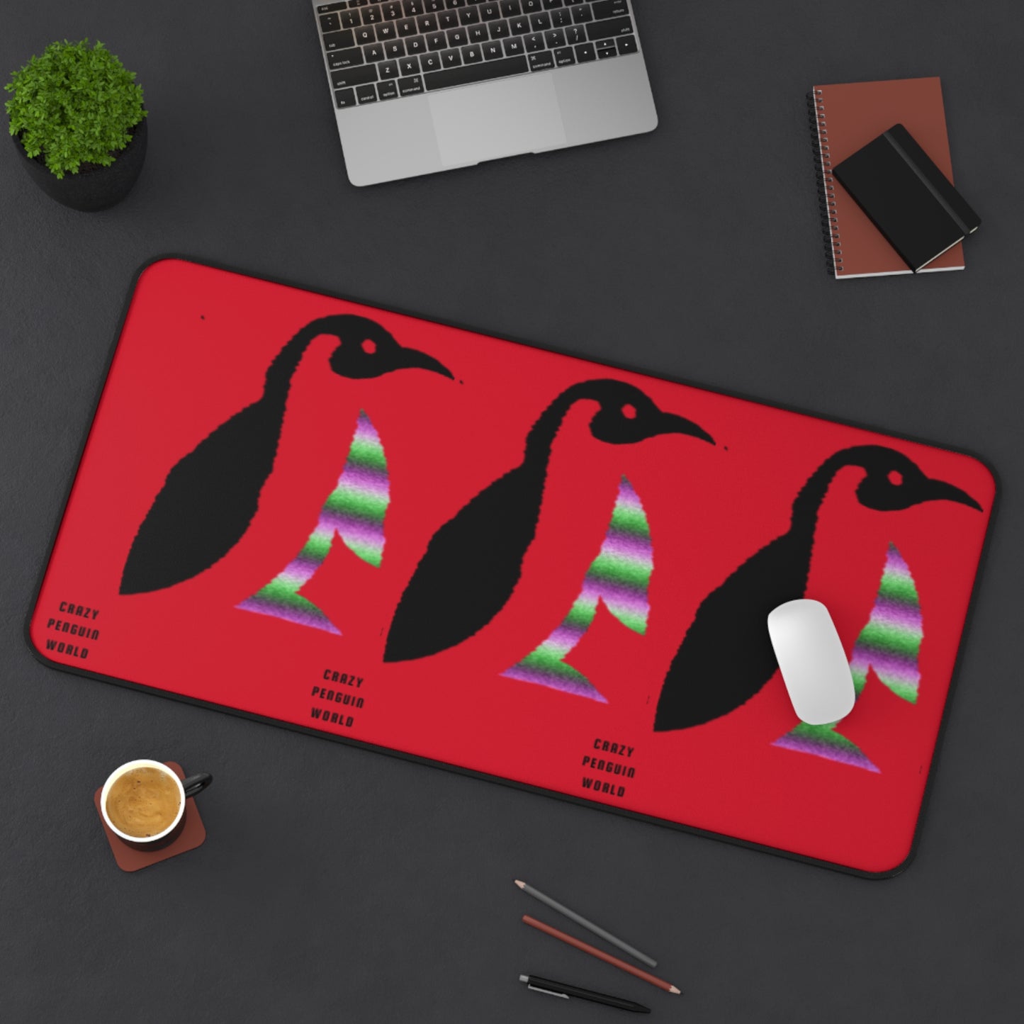 Desk Mat: Crazy Penguin World Logo Dark Red