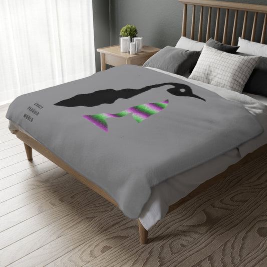 Velveteen Minky Blanket (Two-sided print): Crazy Penguin World Logo Grey