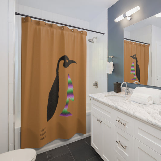 Shower Curtains: #1 Crazy Penguin World Logo Lite Brown