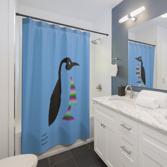 Shower Curtains: #1 Crazy Penguin World Logo Lite Blue