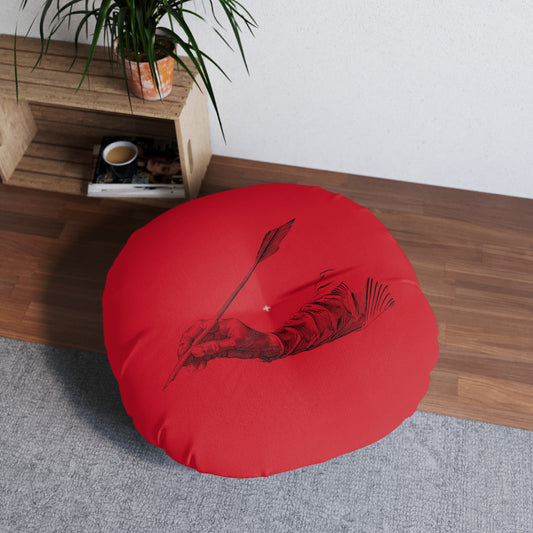 Tufted Floor Pillow, Round: Writing Dark Red