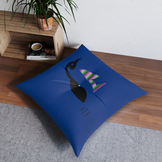 Tufted Floor Pillow, Square: Crazy Penguin World Logo Dark Blue