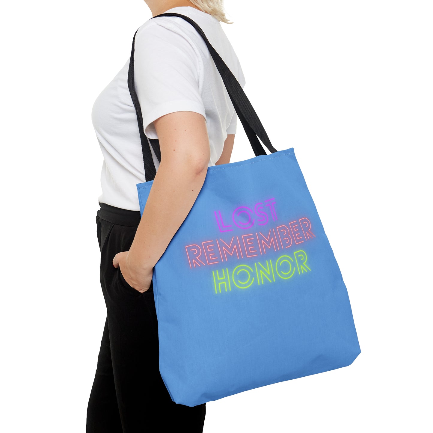 Tote Bag: Lost Remember Honor Lite Blue