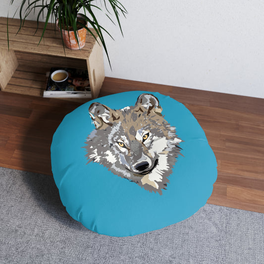 Tufted Floor Pillow, Round: Wolves Turquoise