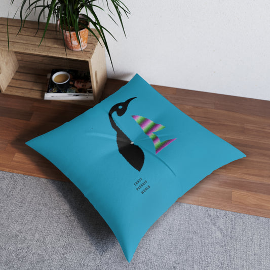 Tufted Floor Pillow, Square: Crazy Penguin World Logo Turquoise