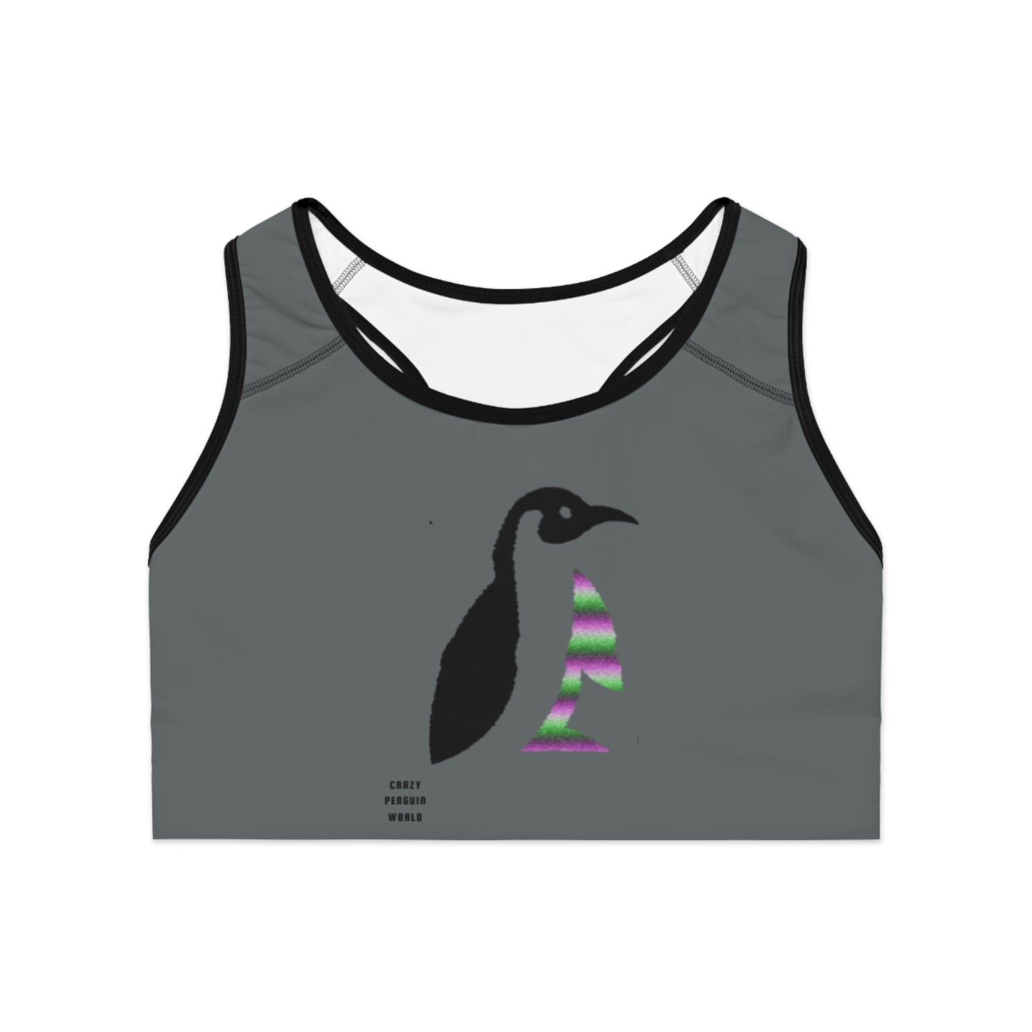 Sports Bra: Crazy Penguin World Logo Dark Grey