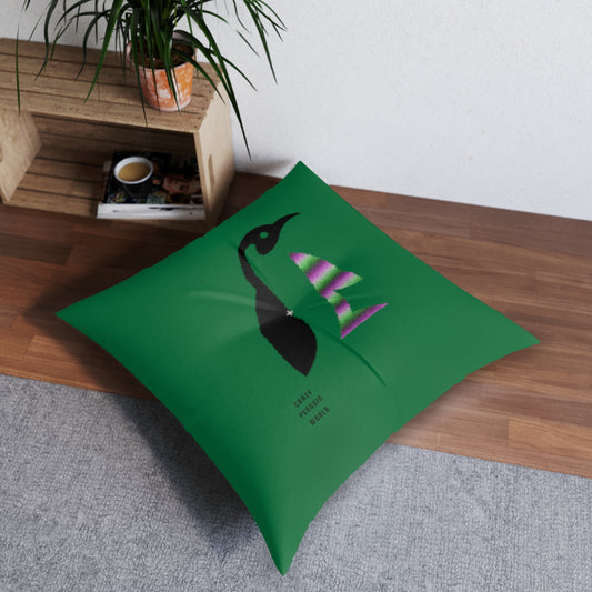 Tufted Floor Pillow, Square: Crazy Penguin World Logo Dark Green