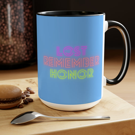 Two-Tone Coffee Mugs, 15oz: Lost Remember Honor Lite Blue