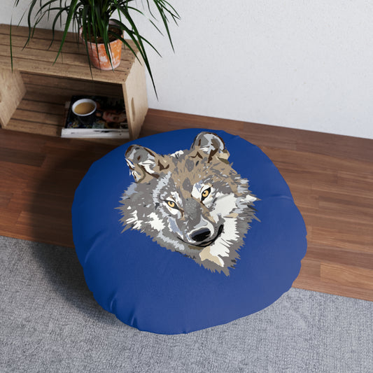 Tufted Floor Pillow, Round: Wolves Dark Blue