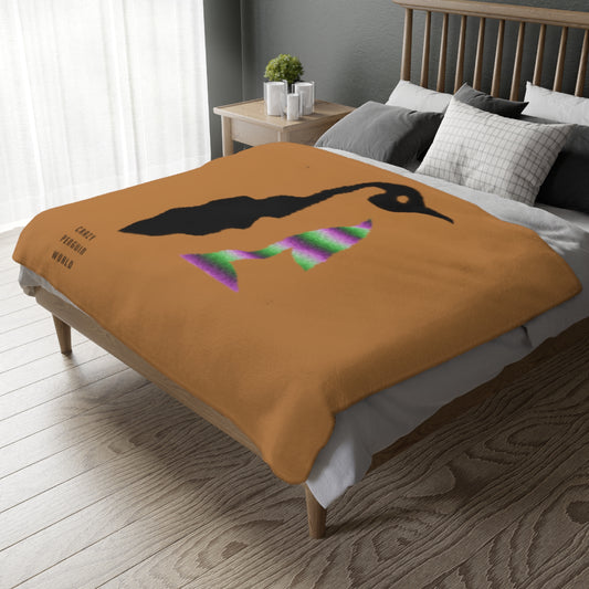 Velveteen Minky Blanket (Two-sided print): Crazy Penguin World Logo Lite Brown