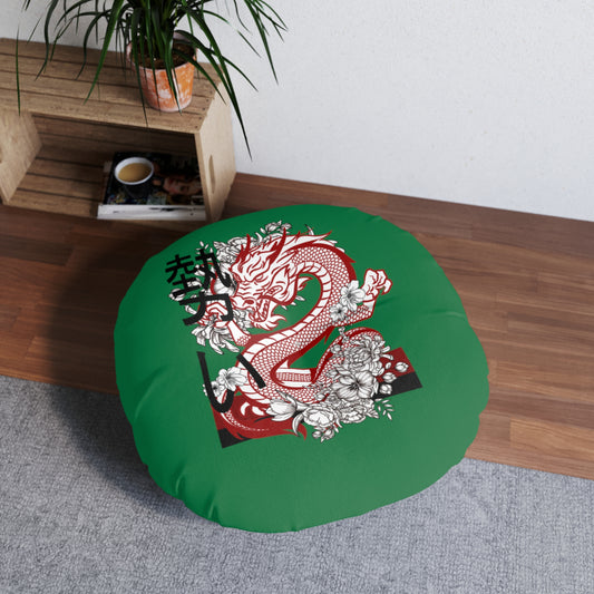 Tufted Floor Pillow, Round: Dragons Dark Green
