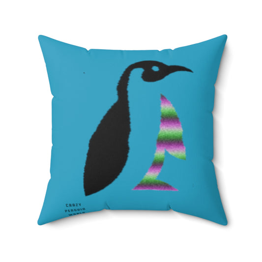 Spun Polyester Square Pillow: Crazy Penguin World Logo Turquoise