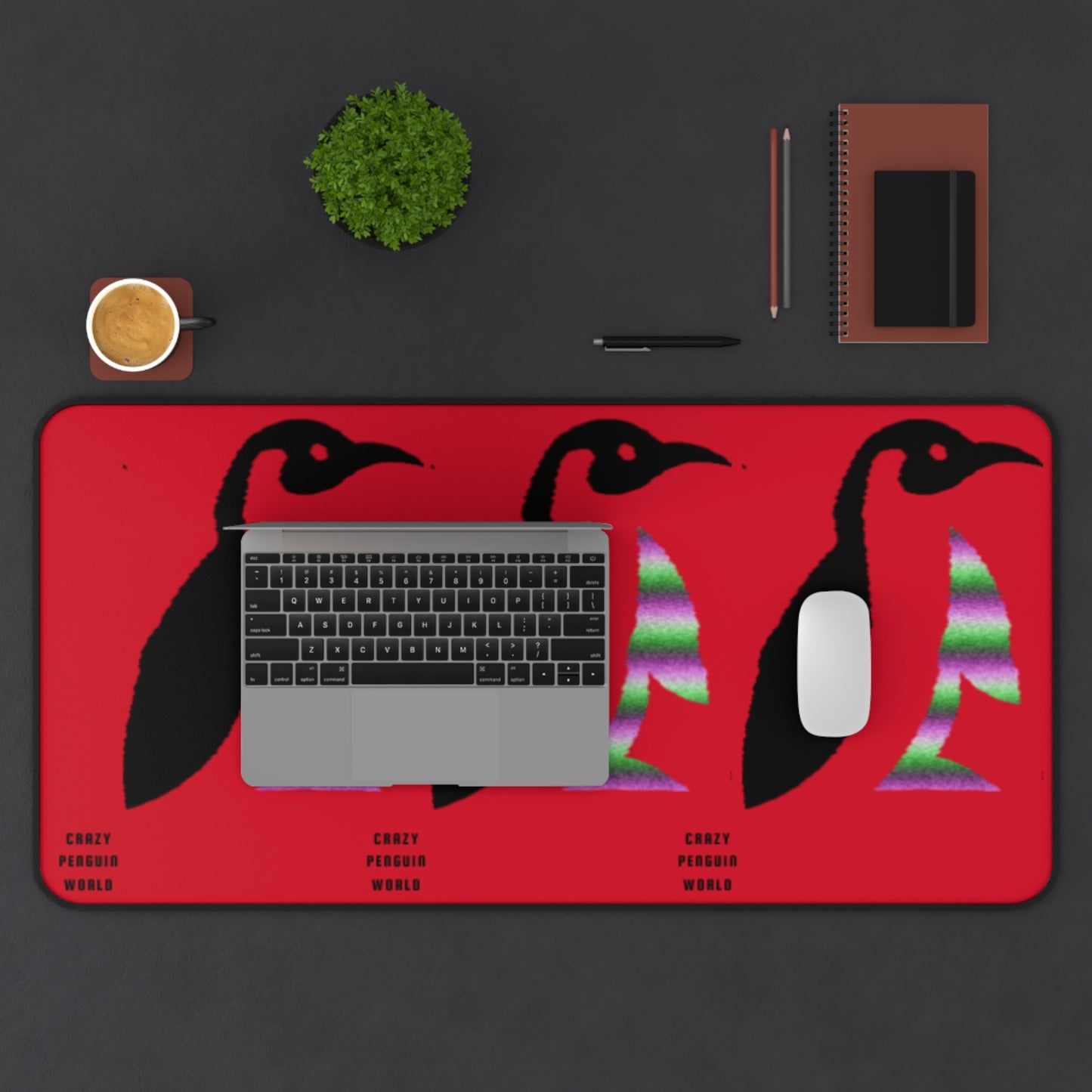 Desk Mat: Crazy Penguin World Logo Dark Red