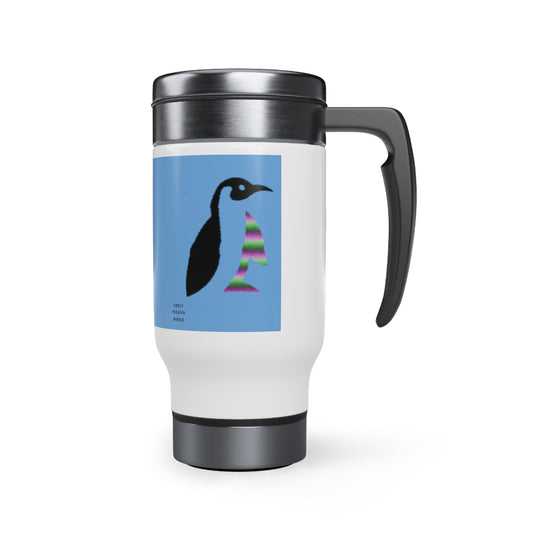 Stainless Steel Travel Mug with Handle, 14oz: Crazy Penguin World Logo Lite Blue