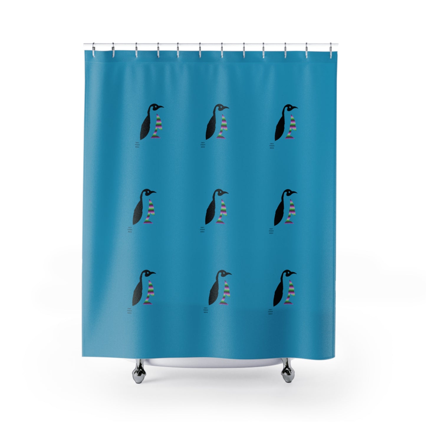 Shower Curtains: #2 Crazy Penguin World Logo Turquoise