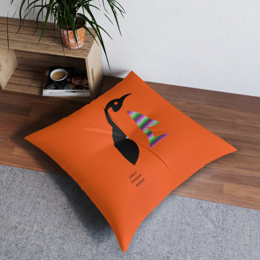 Tufted Floor Pillow, Square: Crazy Penguin World Logo Orange