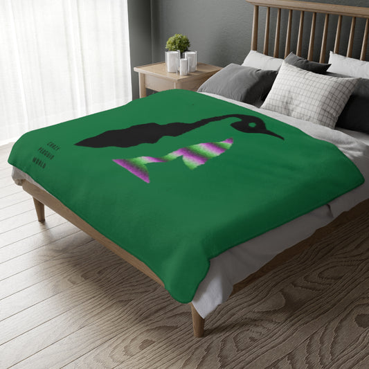 Velveteen Minky Blanket (Two-sided print): Crazy Penguin World Logo Dark Green