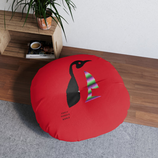 Tufted Floor Pillow, Round: Crazy Penguin World Logo Dark Red