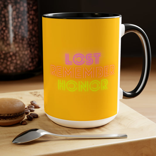 Two-Tone Coffee Mugs, 15oz: Lost Remember Honor Yellow