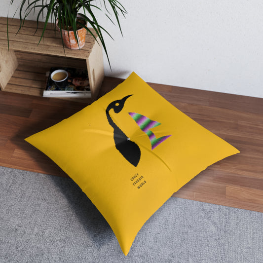 Tufted Floor Pillow, Square: Crazy Penguin World Logo Yellow