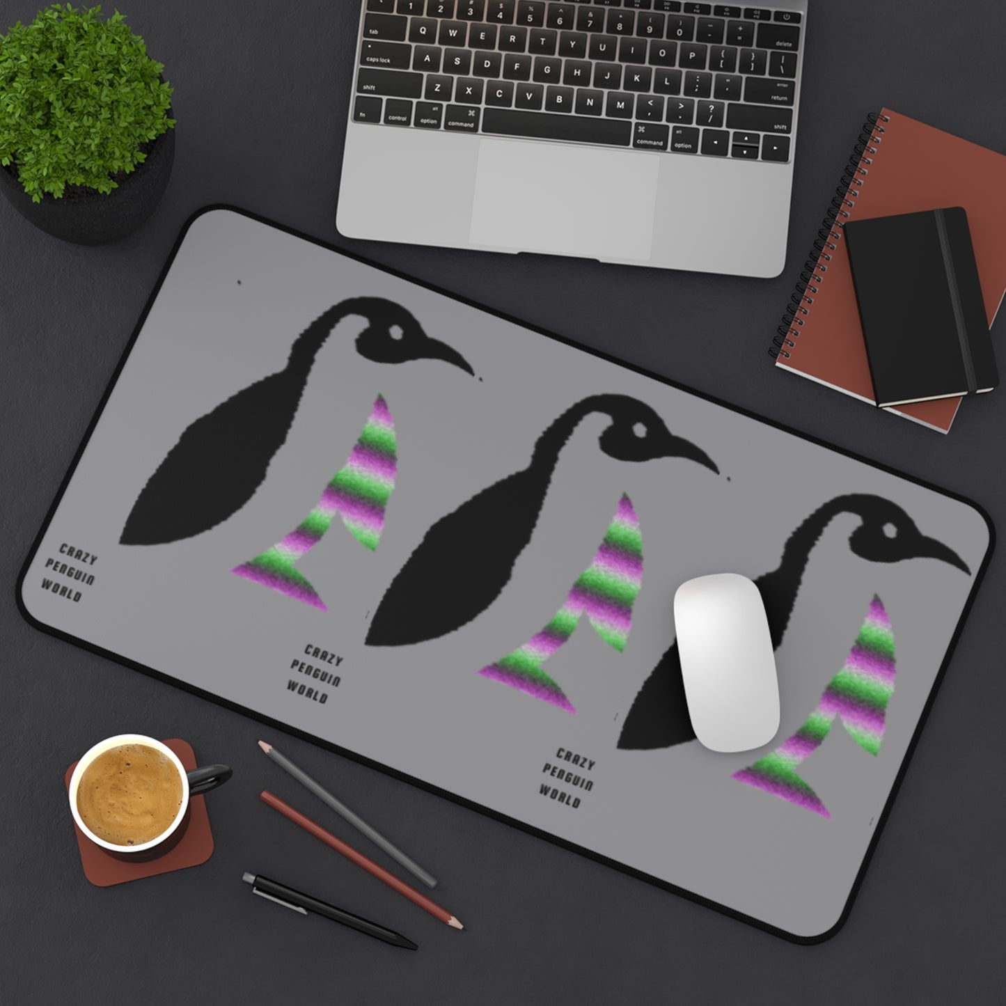 Desk Mat: Crazy Penguin World Logo Grey