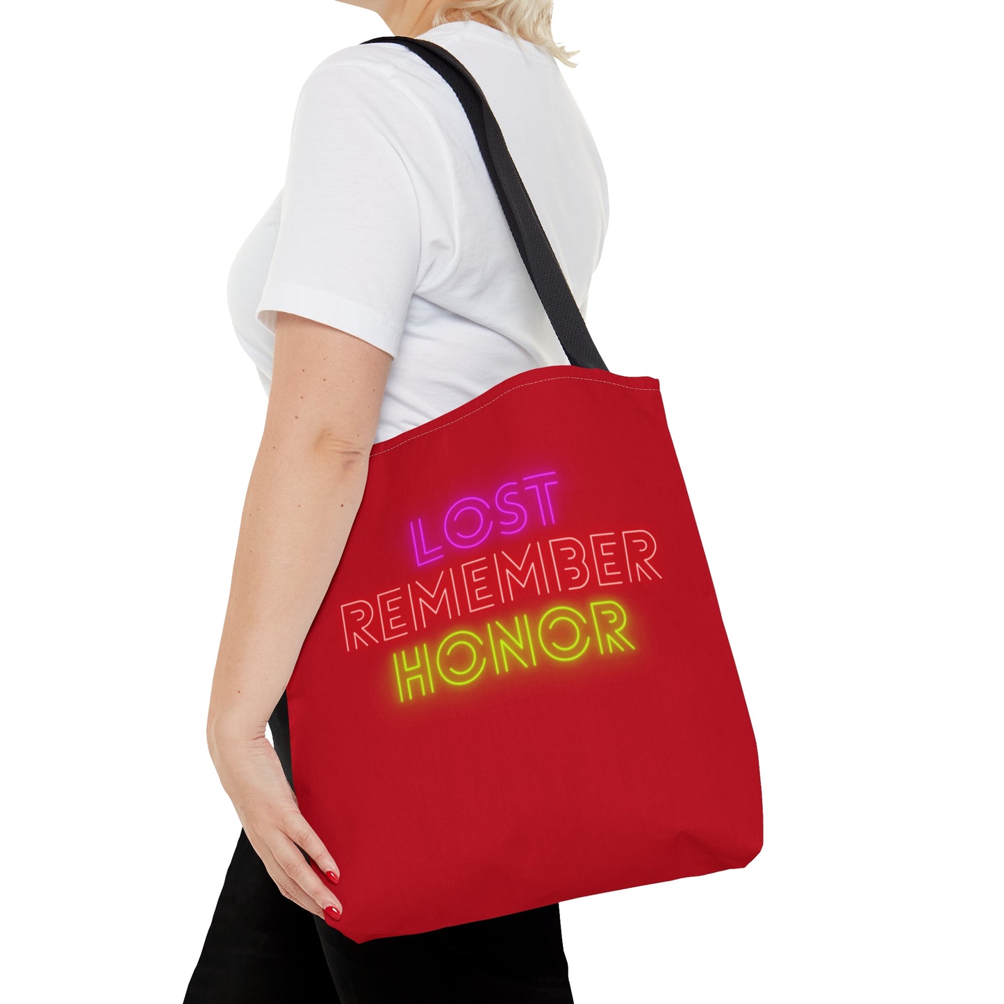 Tote Bag: Lost Remember Honor Dark Red