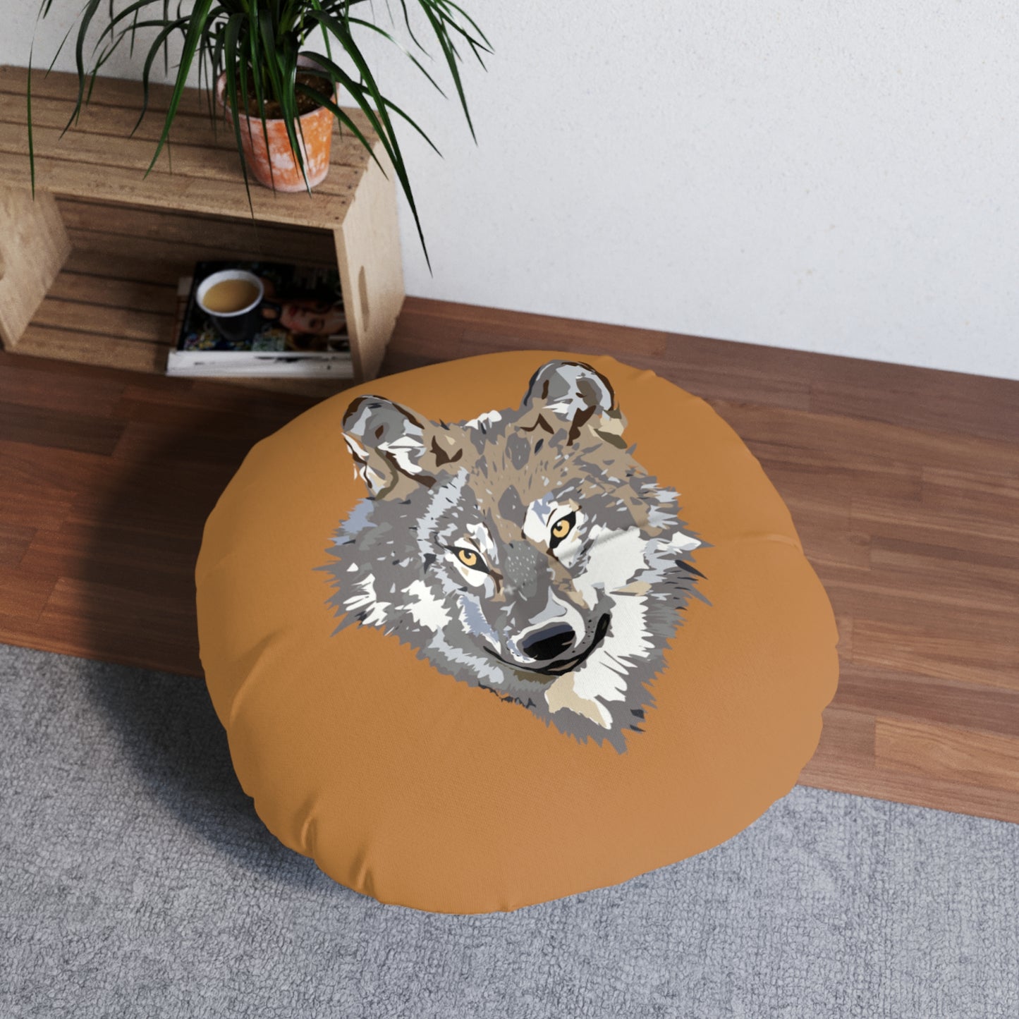 Tufted Floor Pillow, Round: Wolves Lite Brown