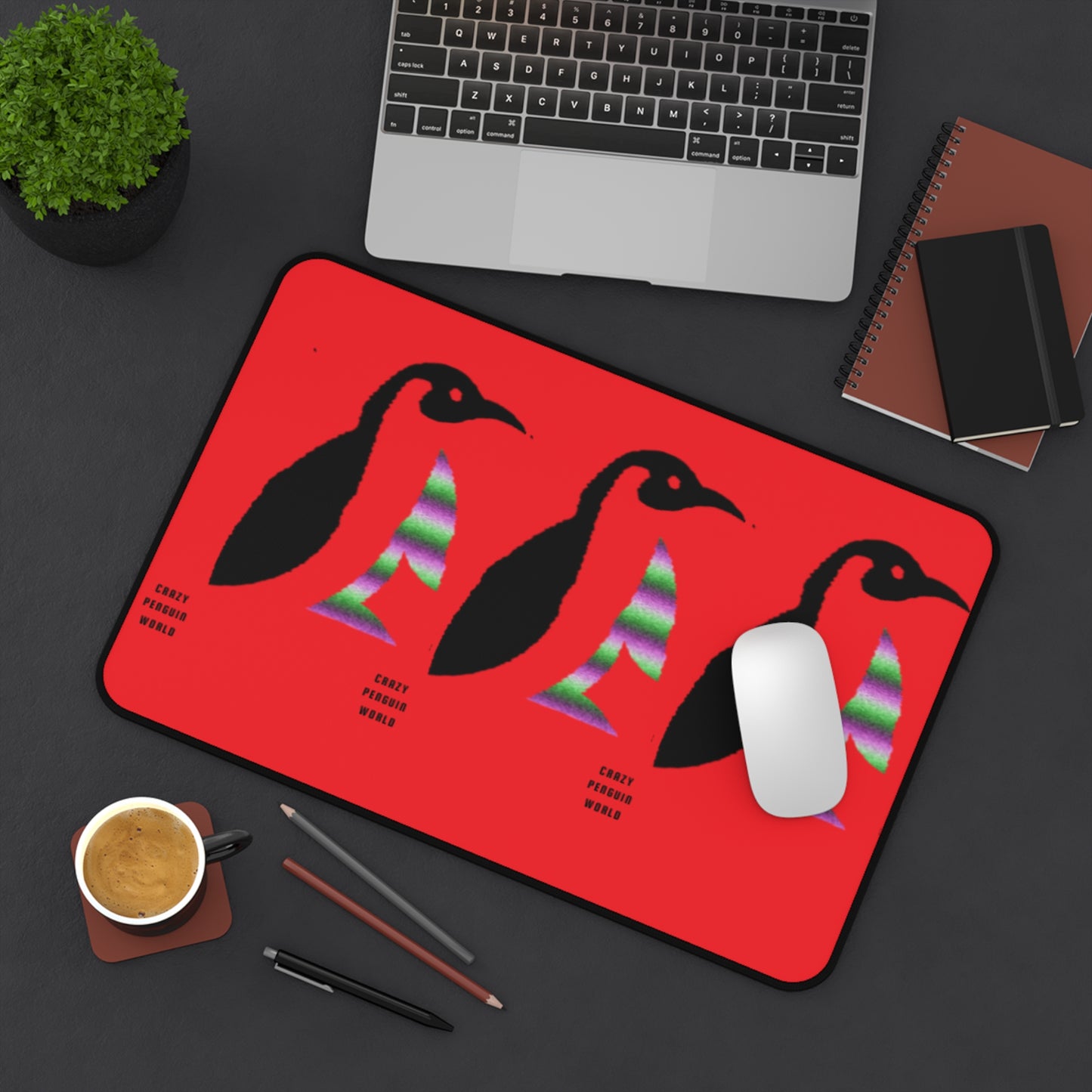 Desk Mat: Crazy Penguin World Logo Red