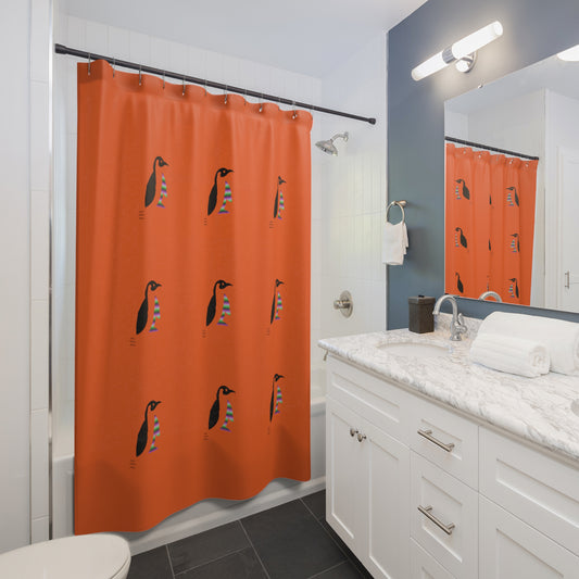 Shower Curtains: #2 Crazy Penguin World Logo Orange