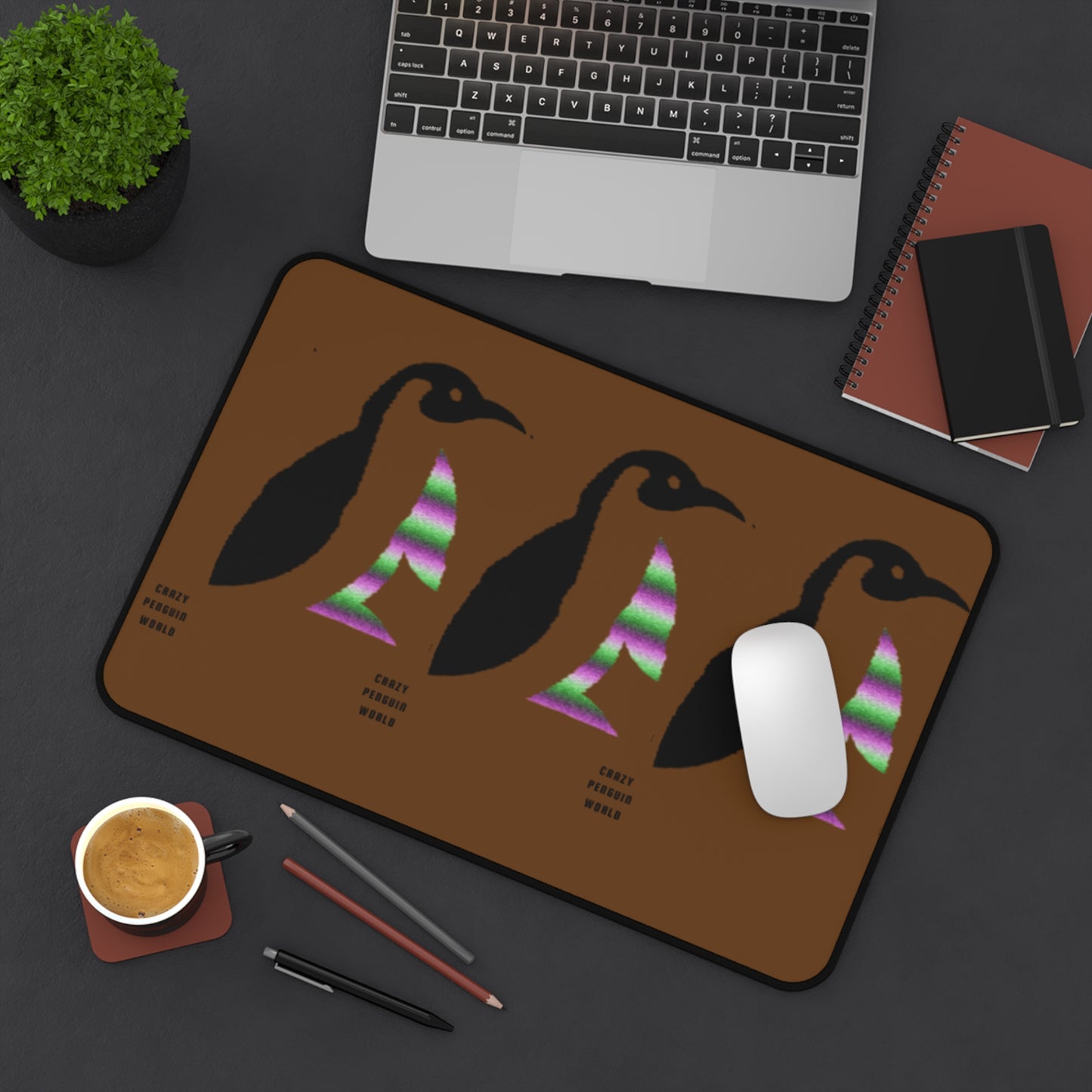 Desk Mat: Crazy Penguin World Logo Brown