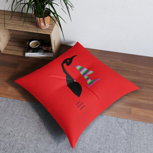Tufted Floor Pillow, Square: Crazy Penguin World Logo Red
