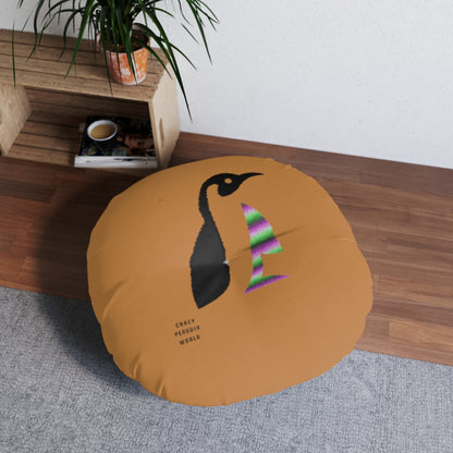 Tufted Floor Pillow, Round: Crazy Penguin World Logo Lite Brown