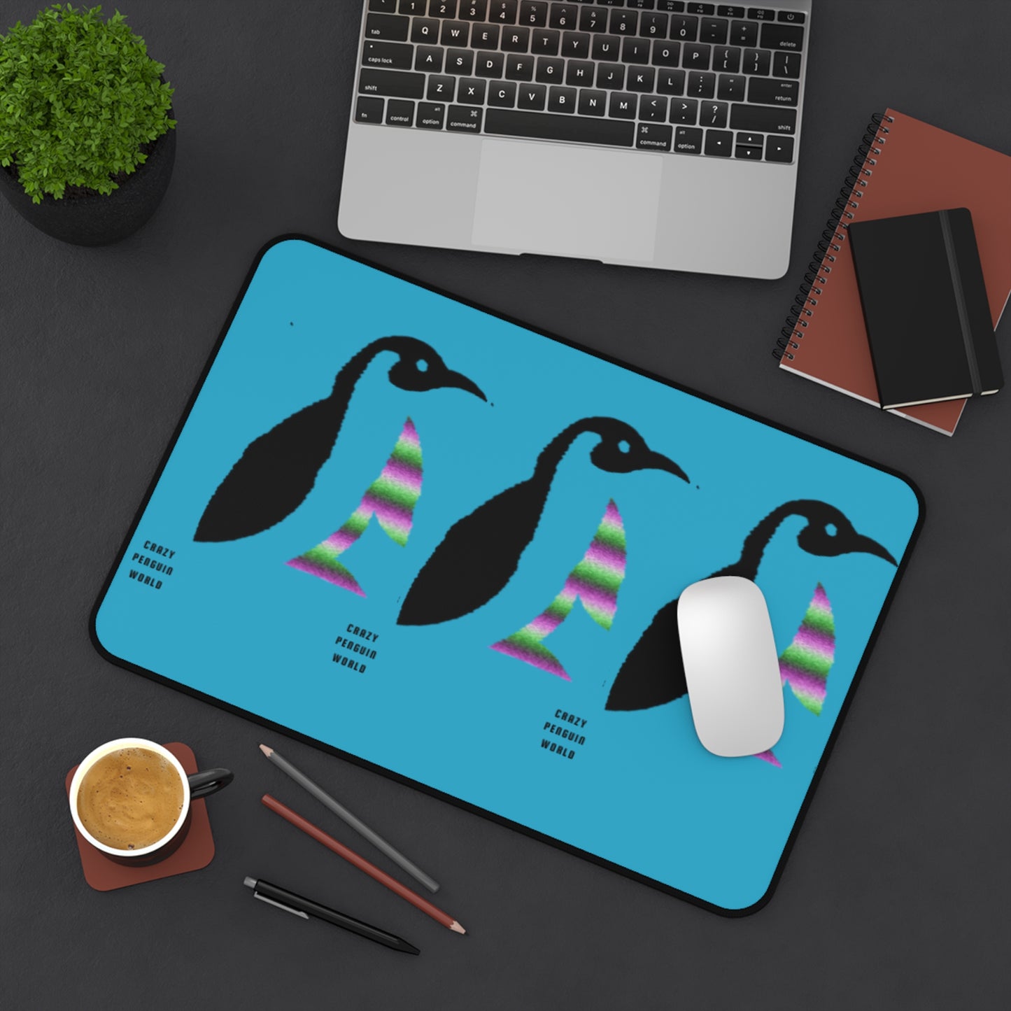 Desk Mat: Crazy Penguin World Logo Turquoise