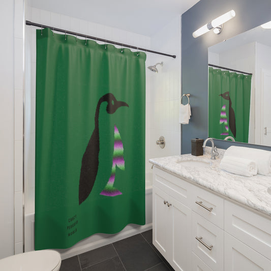 Shower Curtains: #1 Crazy Penguin World Logo Dark Green