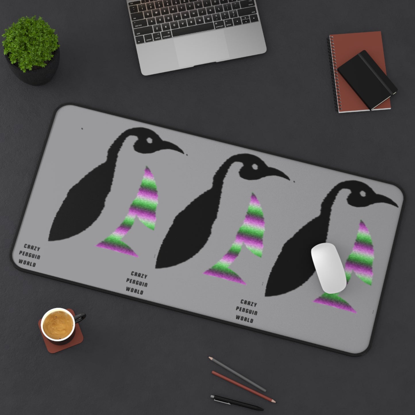 Desk Mat: Crazy Penguin World Logo Grey