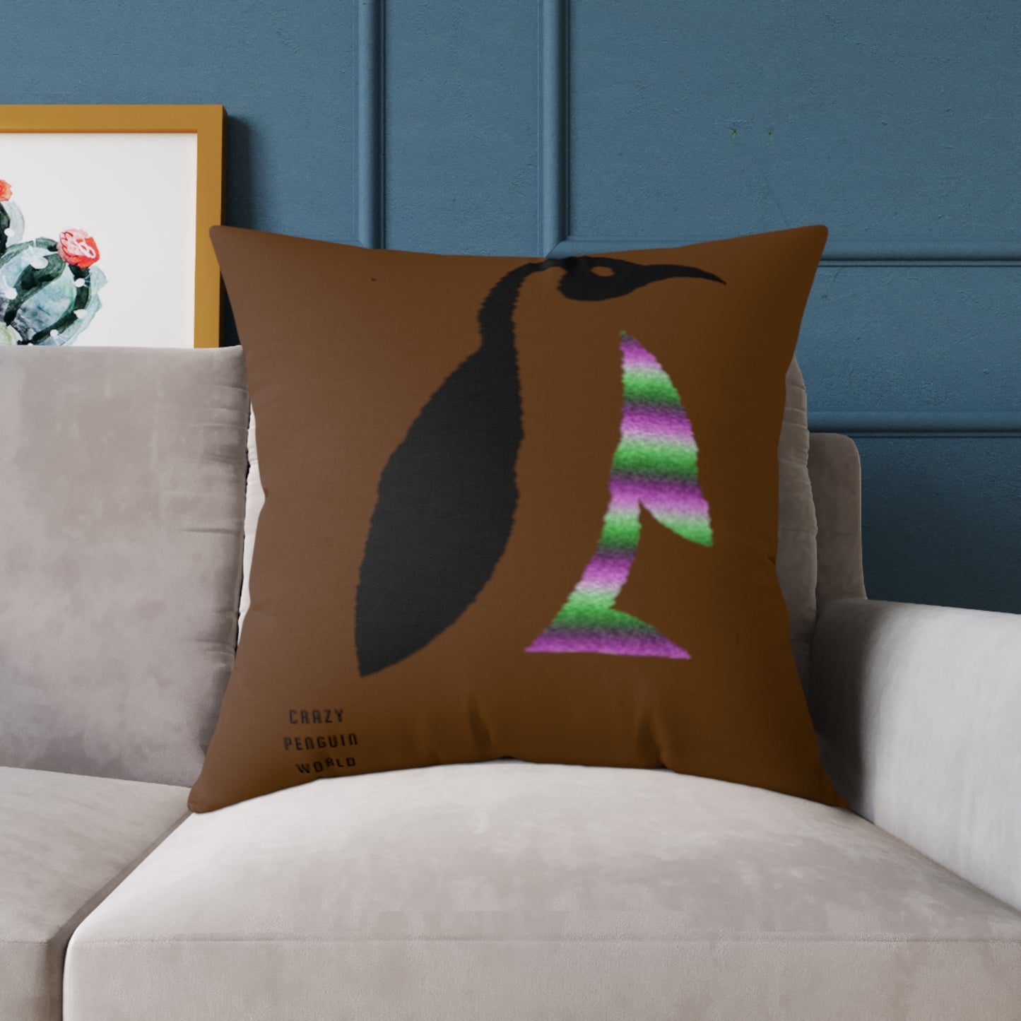 Spun Polyester Pillow: Crazy Penguin World Logo Brown