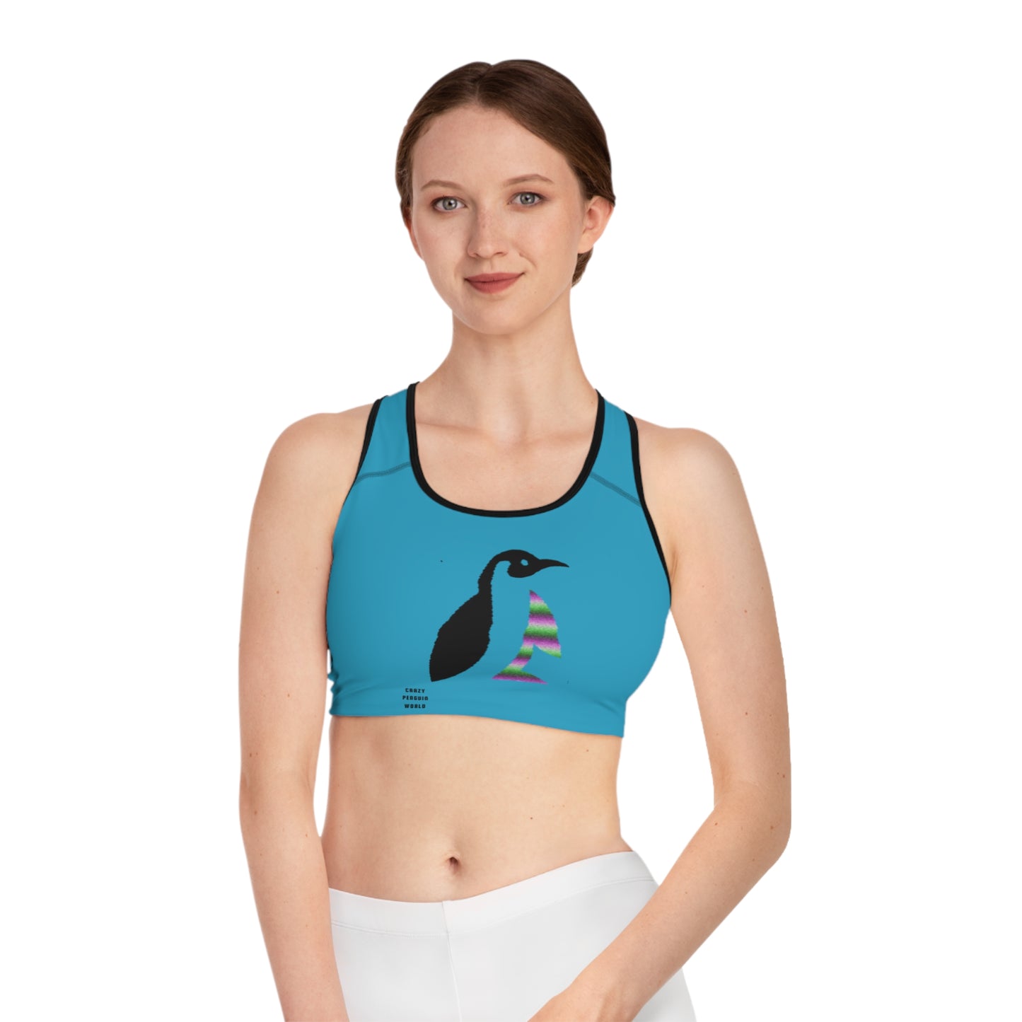 Sports Bra: Crazy Penguin World Logo Turquoise