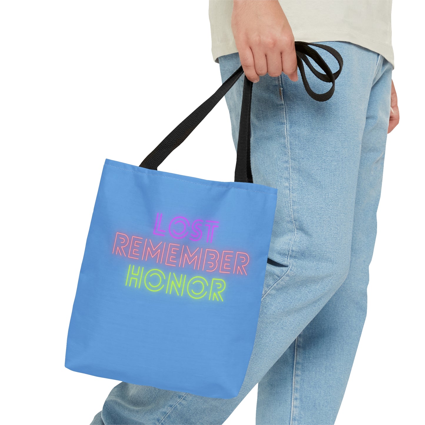 Tote Bag: Lost Remember Honor Lite Blue