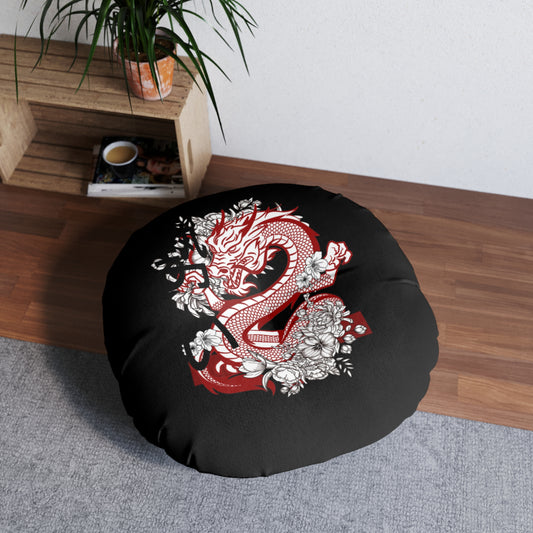 Tufted Floor Pillow, Round: Dragons Black