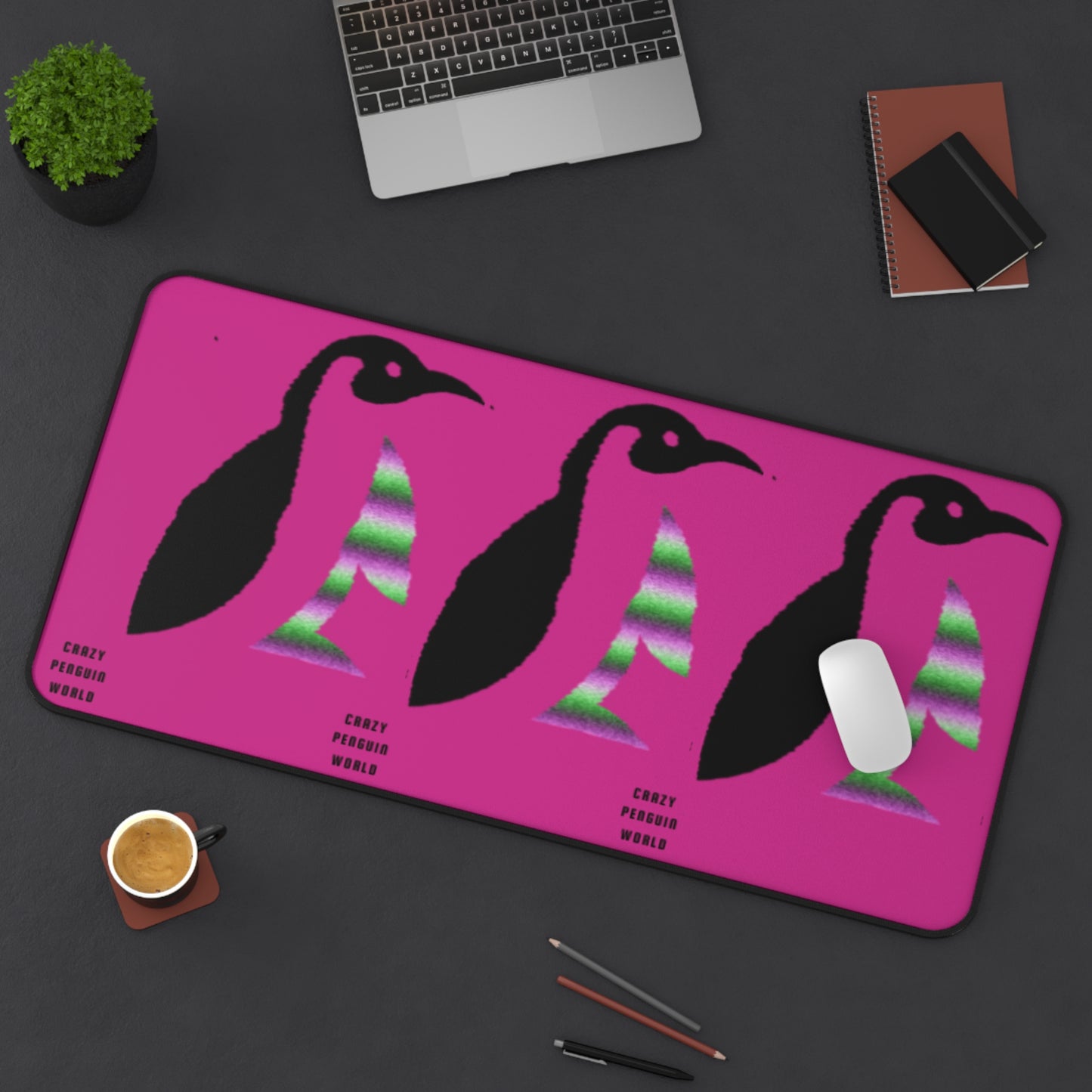 Desk Mat: Crazy Penguin World Logo Pink