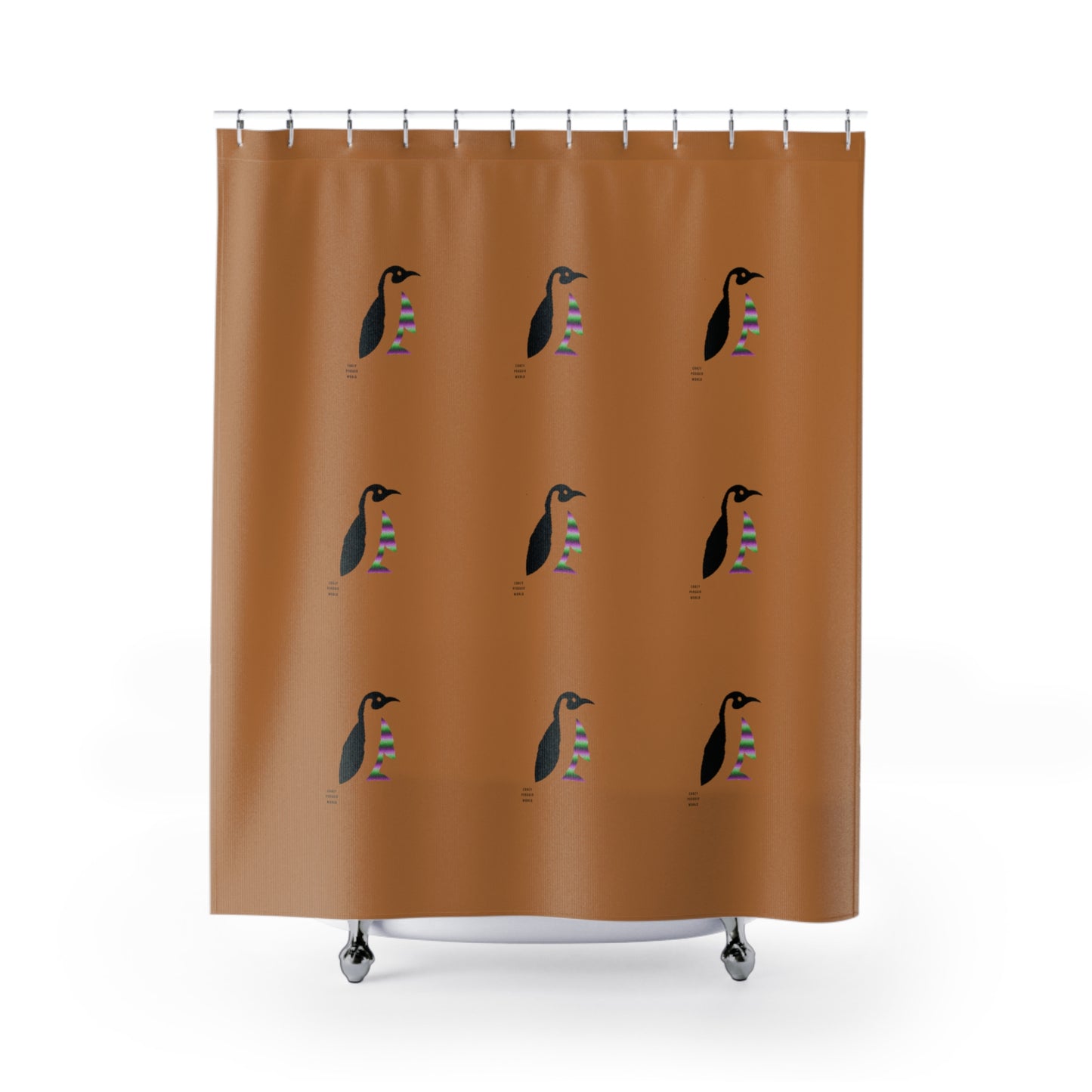 Shower Curtains: #2 Crazy Penguin World Logo Lite Brown