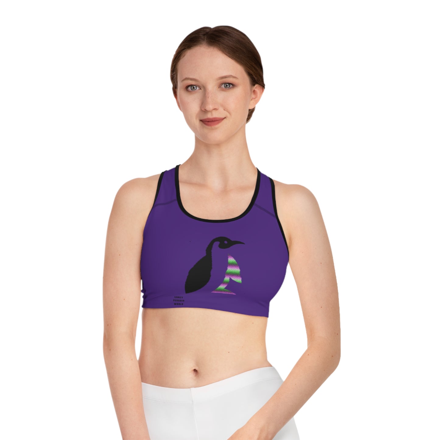 Sports Bra: Crazy Penguin World Logo Purple