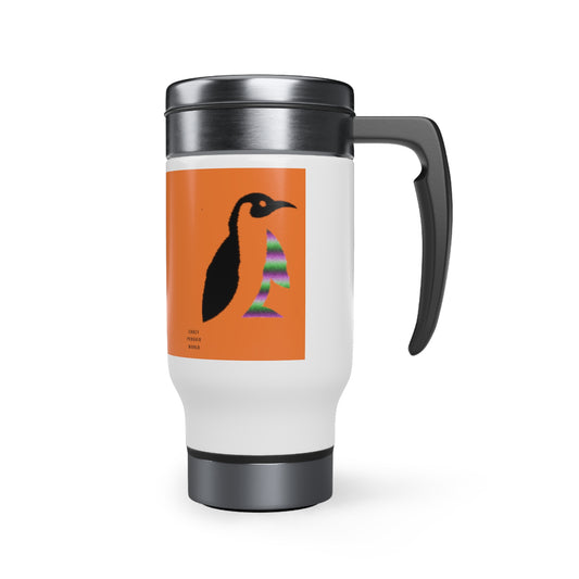 Stainless Steel Travel Mug with Handle, 14oz: Crazy Penguin World Logo Crusta