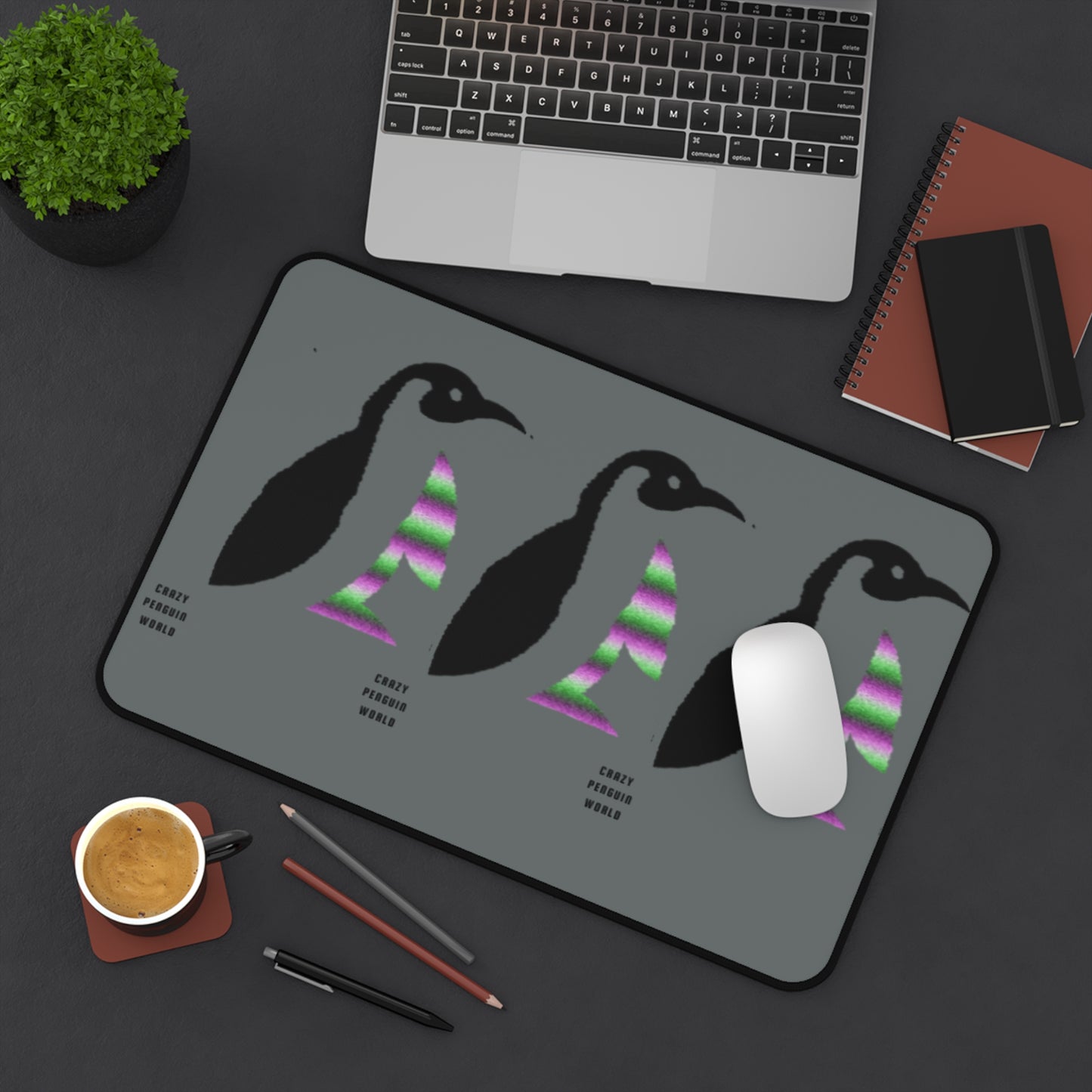 Desk Mat: Crazy Penguin World Logo Dark Grey