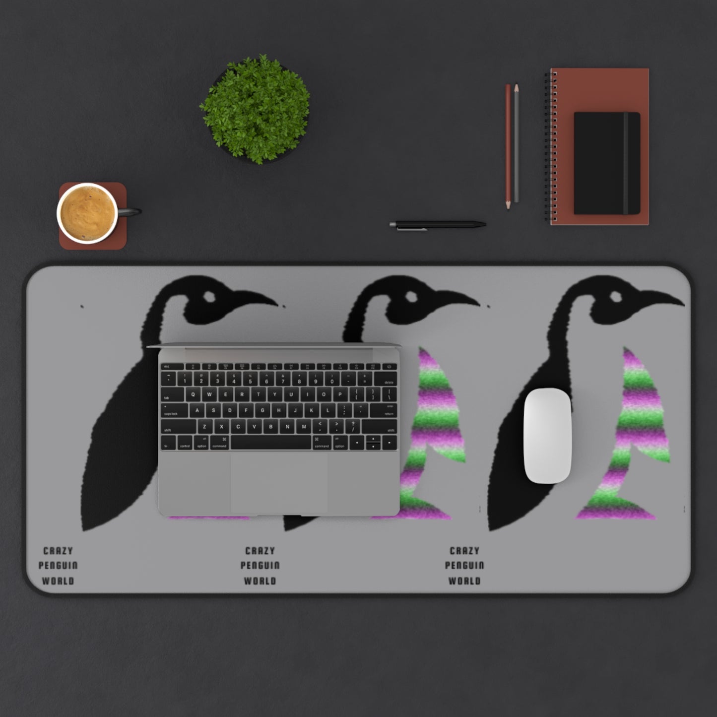 Desk Mat: Crazy Penguin World Logo Grey