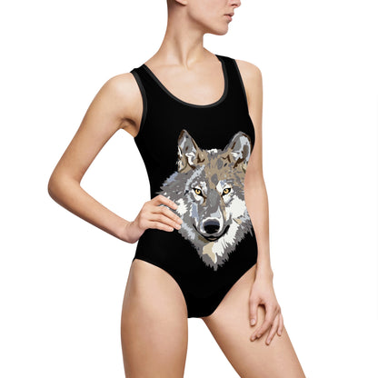 Women's Classic One-Piece Swimsuit: Wolves Black