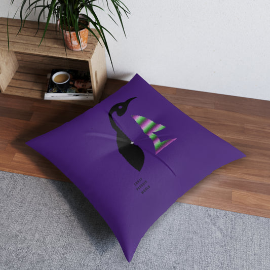 Tufted Floor Pillow, Square: Crazy Penguin World Logo Purple