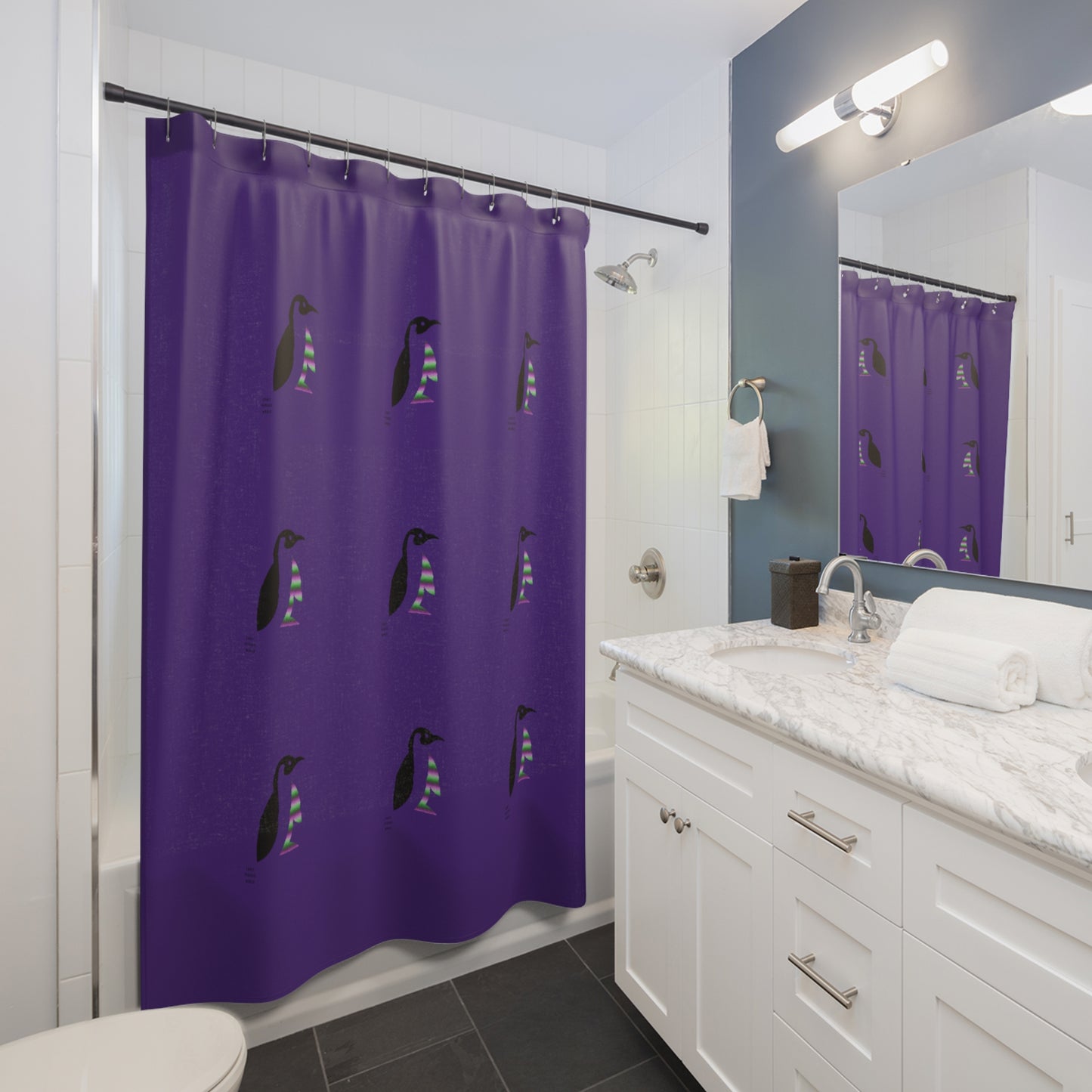 Shower Curtains: #2 Crazy Penguin World Logo Purple