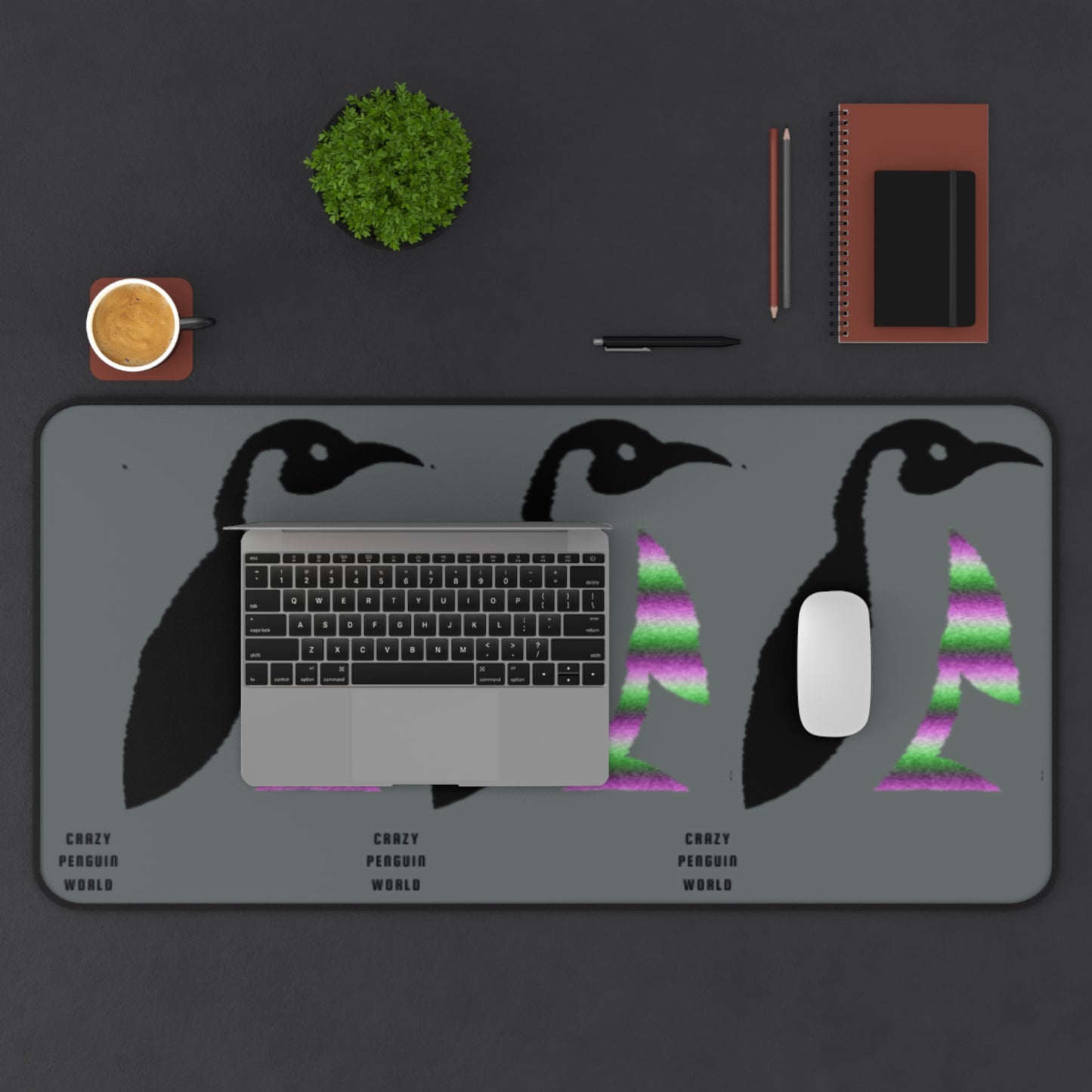 Desk Mat: Crazy Penguin World Logo Dark Grey