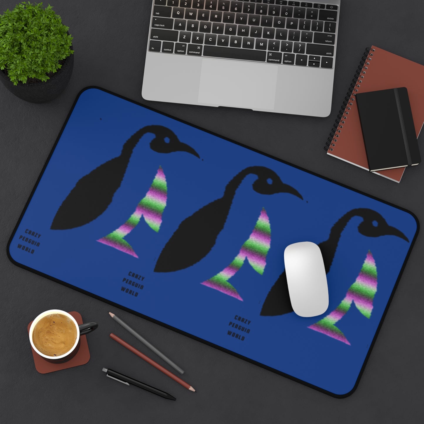 Desk Mat: Crazy Penguin World Logo Dark Blue